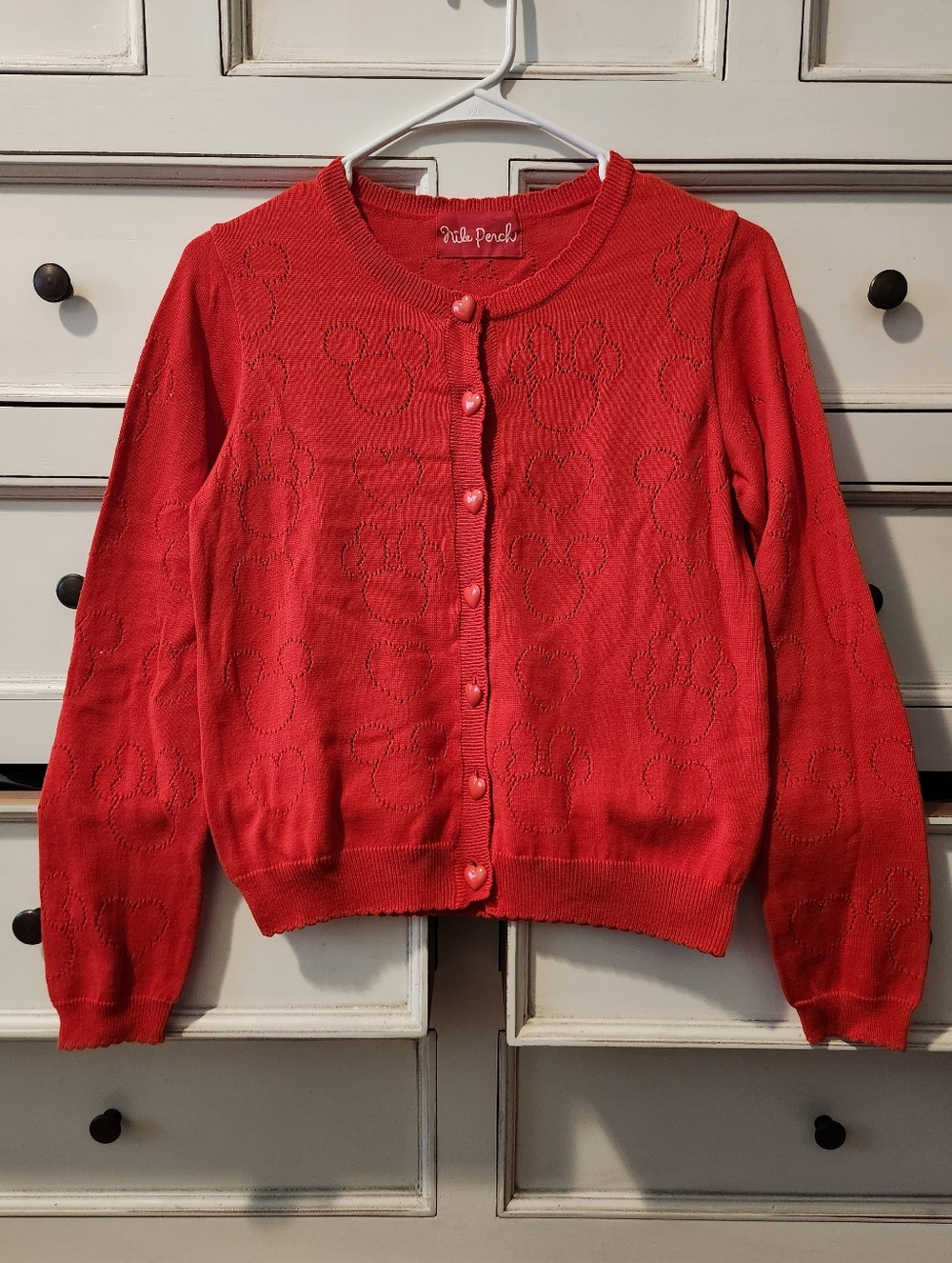 Nile Perch Mickey + Minnie hearts openwork cardigan in red ❤️